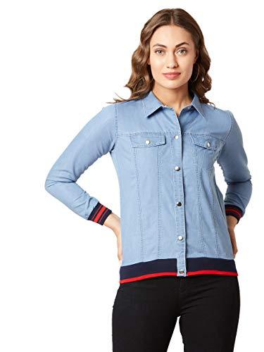 miss chase women's light blue collared neck full sleeve solid bomber regular length denim jacket (mcaw19den05-41-158_light blue_xs)