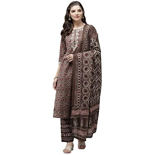 anubhutee women's cotton brown ethnic motifs printed straight kurta suit set with trousers and dupatta