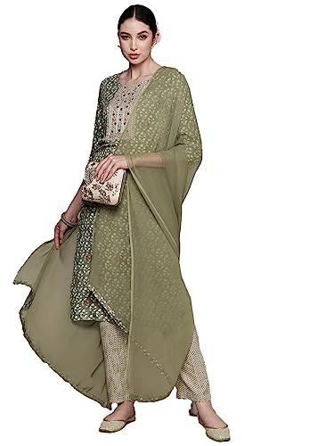 anubhutee women's viscose rayon printed green straight kurta suit set with pants