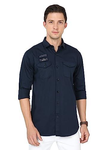 miraan men's double-pocket cotton long sleeve slim fit casual shirt (sigdoubnavybluem_navy blue_medium)