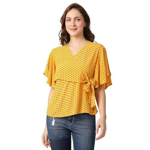 pepe jeans solid viscose round neck womens casual shirt (yellow, small)