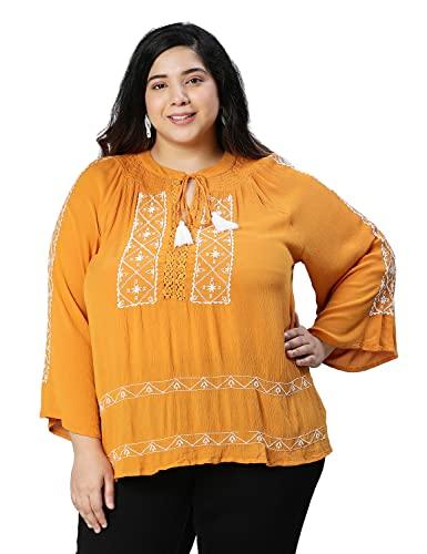 oxolloxo women relaxed fit viscose regular sleeves solid casual mustard top