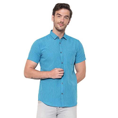 latest chikan men's cotton striped half sleeves shirt (small, light blue)