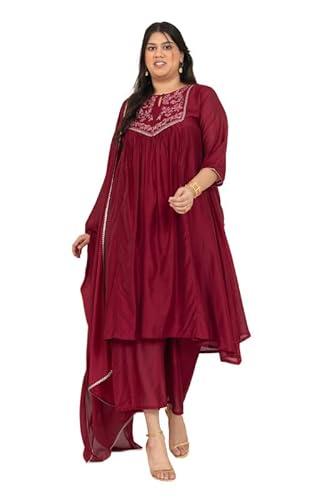 janasya women's plus size red chanderi embellished kurta with palazzo and dupatta (pset839-kr-pp-n-4xl)