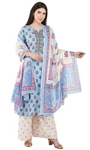 ratan women cotton blend kurta palazzo with dupatta set (et3505_m_blue_m)