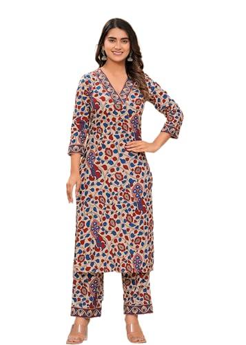 meera fab women's cotton printed straight kurta with palazzo red