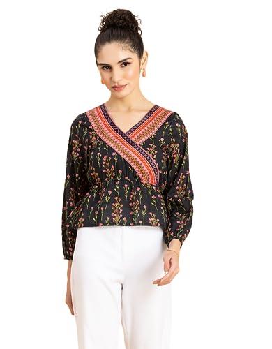 moomaya women’s printed surplice neckline top, long sleeves designer cotton tops