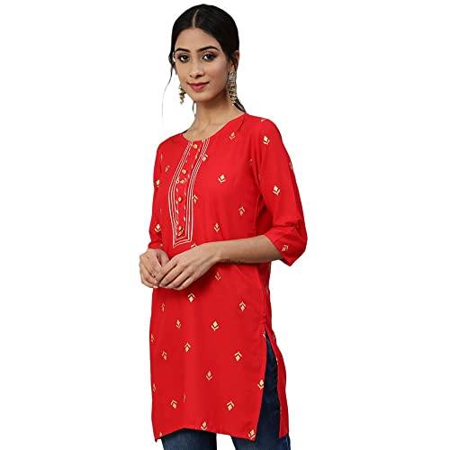 anubhutee women's rayon red gota patti ethnic motifs printed straight kurti