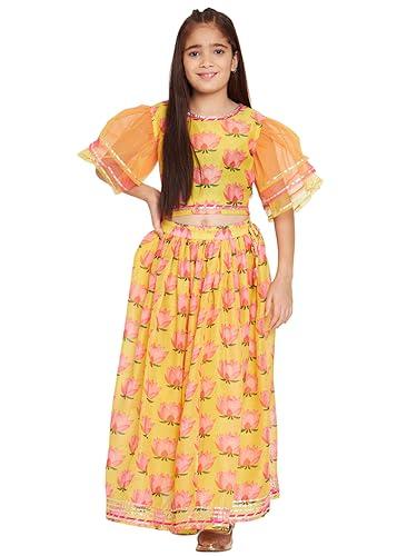 straight style chanderi fabric yellow color printed lehenga choli (6-12m)