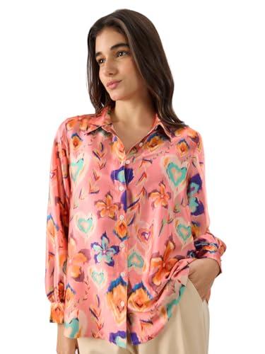 the souled store floral ink women and girls stylish comfortable regular fit long sleeve collared neck button down pink all over printed polyester summer style shirts