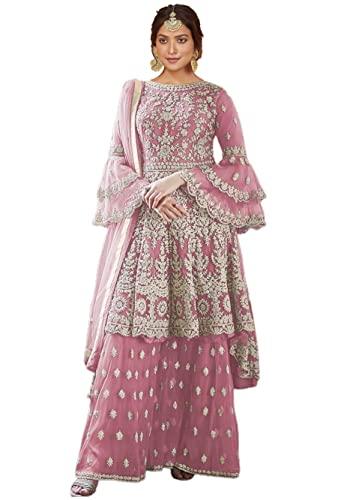 miss ethnik women's pink net semi stitched knee long top with stitched net bottom and net dupatta embroidered flared top dress material free size (kurta palazzo set) (d-1027-pink)