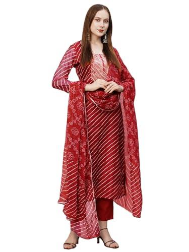 anni designer women's cotton blend straight printed kurta with pant & dupatta (doremi-red-bhn_4xl_red_xxxx-large)