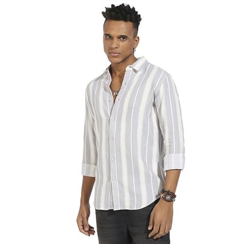 campus sutra men's light grey shadow striped regular fit shirt for casual wear, spread collar, long sleeve, button closure, cotton viscose shirt crafted with comfort fit for everyday wear