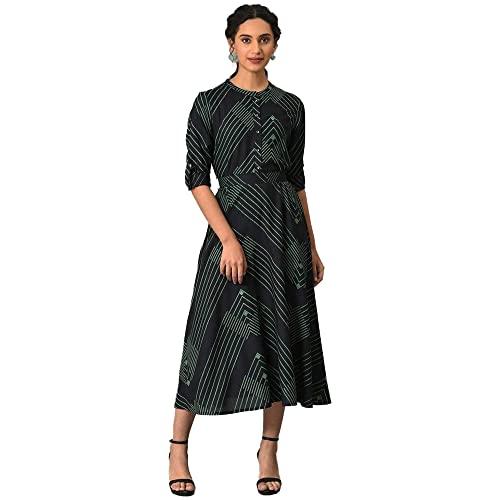 w for woman women's viscose black matrix printed circular shirt dress with belt calf length 23few18706-120116