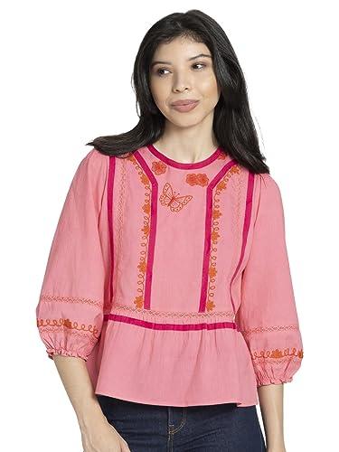 shaye peach casual 3/4th sleeves round neck embroidered top for women