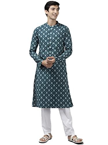 see designs teal blue & white cotton regular fit mandarin collar printed kurta set_sdkt104201l