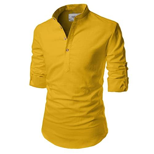 vida loca full sleeve mandarin collor cotton casual slim fit shirt for men's (yellow, 36)