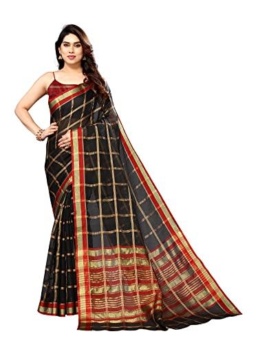 sidhidata women's kota doria cotton checks saree with unstitched blouse piece (selfiee black_black_free size)