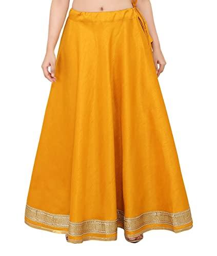 studio shringaar women's maxi readymade lehenga skirt with golden zari borders (free size, yellow)