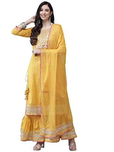 ishin women's cotton a-line embroidered kurta suit set with dupatta & sharara kpldsrd-19010_xxl_mustard