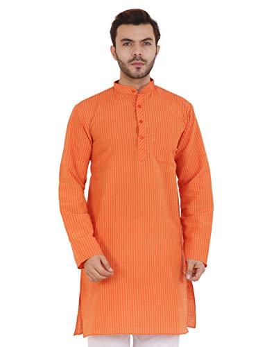 latest chikan men's cotton blend regular striped kurta orange