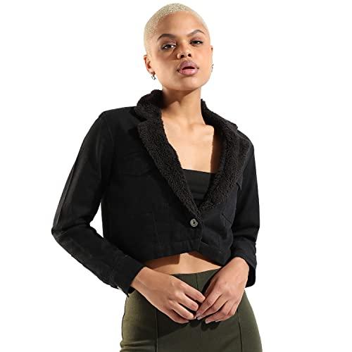 campus sutra women's solid black regular fitcropped jacket for casual wear | structured high- quality jacket with lapel collar, regular full sleeve & high-performance for everyday wear