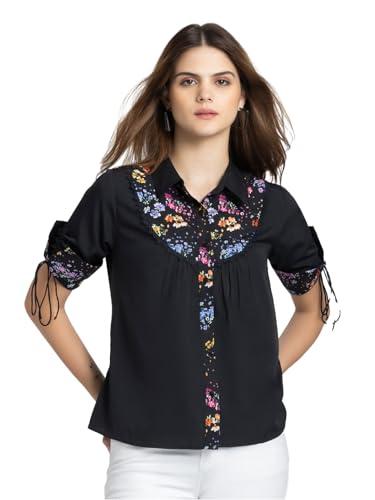 shaye spread collar black solid three-quarter sleeves casual shirt for women