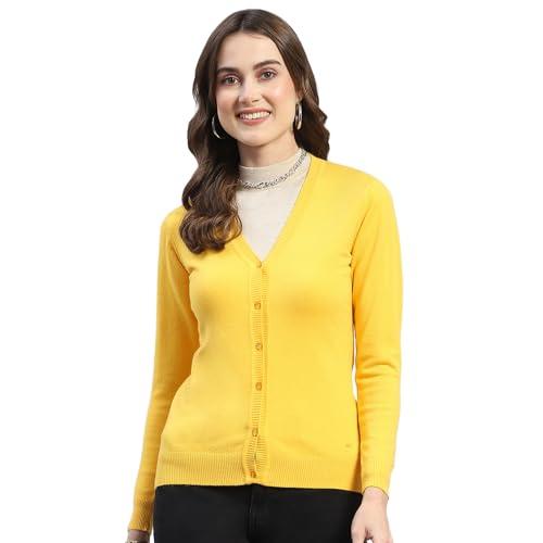 monte carlo womens yellow solid v neck full sleeve wool blend cardigan sweater (1236883vn-6-36)