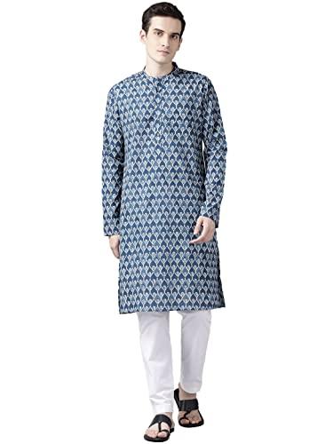 see designs blue & white cotton regular fit mandarin collar printed kurta set two pockets_sdkt98001l