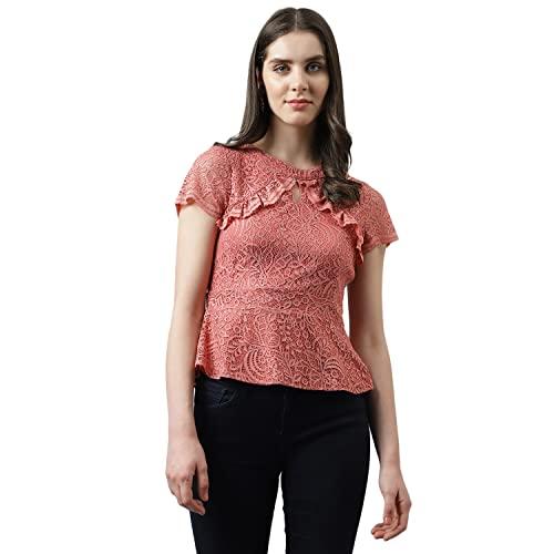 latin quarters women rose self design lace top with cap sleeves & ruffles