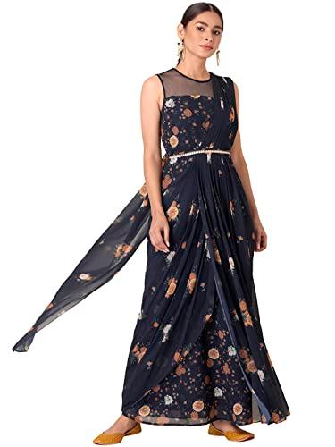 indya women's knee length saree skirt (itn03743_navy blue_m)