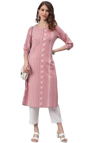 janasya women's pastel pink cotton animal print straight kurta(jne3697-kr-xxl)