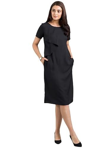 fablestreet women's polyester boat neck ruffle below knee shift midi dress - black (dr179blac-xl)