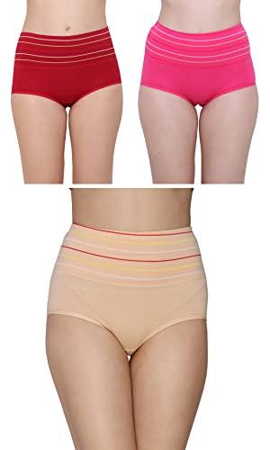 glamoras women's cotton high waist tummy control panty (pack of 3) pink, beige, maroon, free size