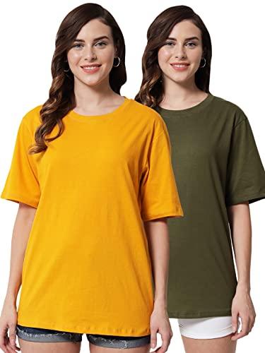 funday fashion cotton half sleeve printed oversized t-shirt for womens/girls (pack of 2) (x-large, yellow & army green)