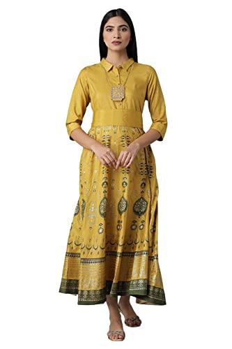 w for woman women's polyester mustard printed dress with belt floor length (21auw16996-117845 xs)