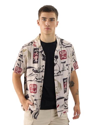 the souled store official kung fu panda: sketchy panda men and boys short sleeve collared neck buttoned front regular fit rayon summer shirts multicolour