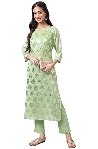 janasya women's light green georgette foil printed kurta with pants and crop top(set744-kr-np-m)