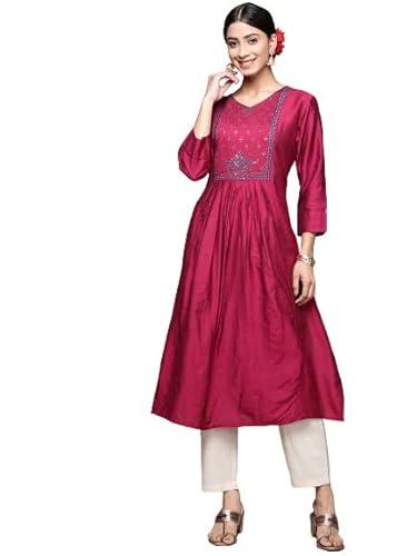 anubhutee women's viscose rayon magenta zari ethnic motifs printed a-line kurta