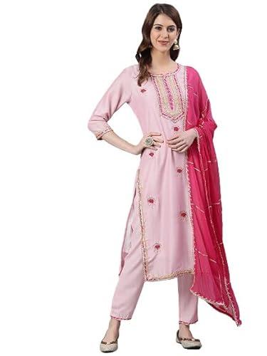 ishin women's viscose rayon embroidered a-line kurta suit set with dupatta & pants kpldpnkmp-10063_xxl_pink