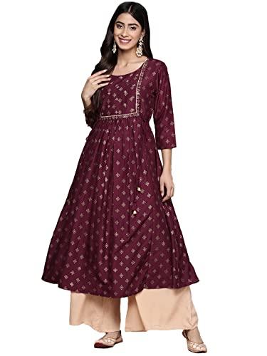 ishin women's silk purple embellished foil print a-line flared kurta