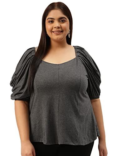 therebelinme plus size women's charcoal grey solid color knitted panelled top(xxxl)