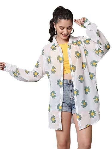 funday fashion women floral print casual regular fit shirt (medium, white, green)