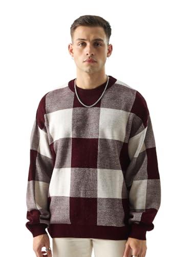 the souled store tss originals: burgundy checks men and boys long sleeve round neck oversized fit pullovers oversized pullover sweaters pullovers round neck plaid checks printed solid blocks casual