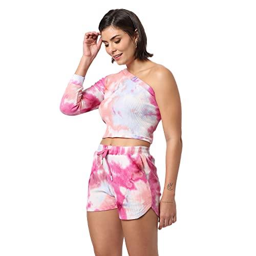 campus sutra women's pink tie-dye regular fit cropped co-ords for winter wear | one shoulder | shorts | ribbed co-ords | casual co-ords for woman | stylish co-ords for women