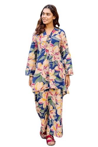 leriya fashion women ethnic kurta set | rayon co-ord set | fancy pajama set | pack of 2 | floral printed top & pant set | full pair set | a-line kurta set for women (xxx-large, blue)