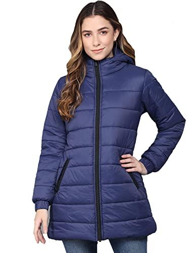 kotty women dark blue nylon full sleeve padded puffer jacket (dark blue,34)