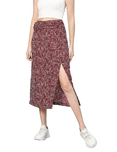 oxolloxo women maroon tropical print elasticated polyester slit skirt