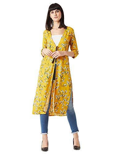 miss chase women's fusion wear mustard yellow floral longline tie-up midi jacket (small)