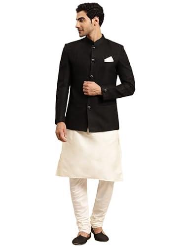 kisah men's kurta indo western sherwani churidar set, black cotton blend, jacquard regular fit mandarin collar long sleeves (42)